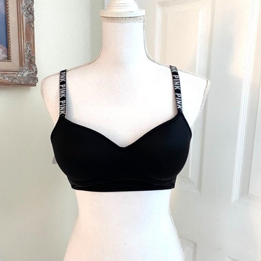 Victoria's Secret PINK Black Bralette Ladder Back Straps Logo Size Small